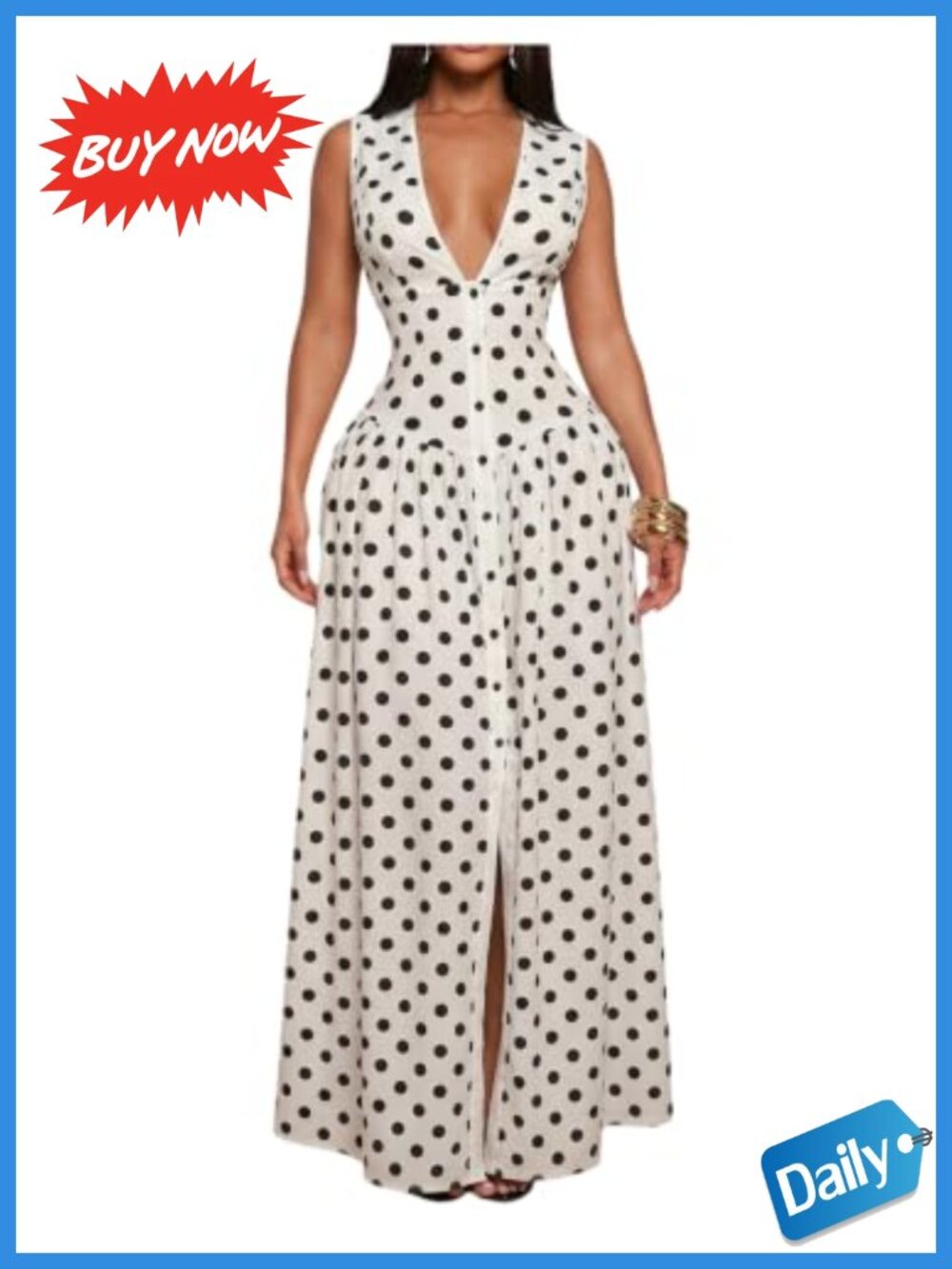 Women's Polka Dot Button Up V Neck Sleeveless Maxi Dress